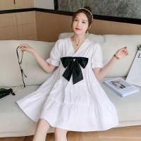 连衣裙2021年夏季新款日系孕妇装减龄V领蝴蝶结可爱潮娃娃裙 白色 M90-115斤