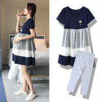 孕妇装夏装孕妇连衣裙2021新款夏天潮妈上衣孕妇裙子时尚宽松套装 灰色七分裤[是裤子 不是套装] M