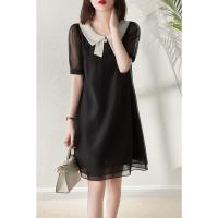 A字版连衣裙夏2021夏新撞色烫钻蝴蝶结领可甜可盐宽松显瘦连衣裙[8月12日发完] 黑色 M