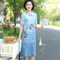 妈妈夏装洋气雪纺连衣裙40岁50中老年女夏季大码过膝裙改良旗袍裙 蓝色 [气质减龄] XL 建议90-115斤