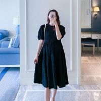 孕妇装连衣裙女夏装新款泡泡袖重工珍珠钉珠气质宽松孕妈中长裙 黑色裙子 M (建议110斤以下