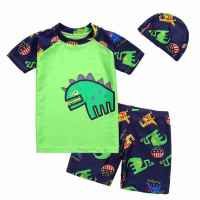 男童泳衣儿童泳衣男童泳衣男学生泳衣男孩泳裤男童儿童游泳衣男童 绿色恐龙三件套(泳裤+泳衣+泳帽) L=90/100建议身
