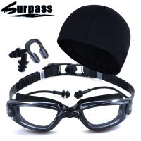SURPASS泳镜防水防雾高清大框成人男女士近视游泳眼镜 泳帽套装备 透明连体黑色 (泳帽+鼻夹+耳塞+泳镜盒)