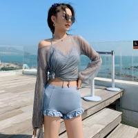 泳衣女韩国ins性感分体平角比基尼三件套长袖舒适仙女范学生泳装 9961灰色 S
