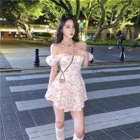 连衣裙2021新款法式初恋桔梗裙泡泡袖碎花一字肩短裙辣妹炸街裙子[8月6日发完] 粉色碎花 S收藏优先发货