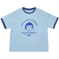 秋季套装女学生韩版卡通印花短袖T恤+花朵刺绣ins同款半身裙A字裙 蓝色上衣短袖 [仅上衣] S 60-80斤