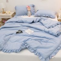 百思寒夏凉被可机洗空调被子被芯夏被薄款夏季双人单人夏天薄被子 淡蓝灰[升级韩版花边款] 110*150cm小被子-可机洗