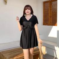 大码泳衣女胖mm遮肚200斤遮肚显瘦大胸保守宽松长款胖妹妹加肥加 2122牛奶丝黑 2XXL适合120-140斤