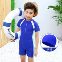 儿童泳衣男童女童防晒连体宝宝游泳衣沙滩温泉儿童男孩女孩泳装 男款蓝色（泳衣+泳帽） L（建议身高105-120cm）