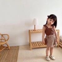 女宝宝可爱套装夏2020新款女童洋气两件套吊带背心+半身裙时髦 吊带格子套装 80