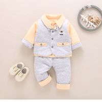 婴儿薄夹棉三件套男女宝宝马甲薄棉衣套装春秋季新生儿童外出衣服 黄色 66 建议(2-5个月)