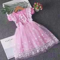 爱莎公主裙夏款冰雪奇缘公主裙女童短袖蓬蓬裙网纱裙生日礼服皇冠 粉色艾莎裙+皇冠 100 建议身高80--90厘米