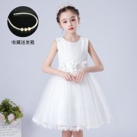 公主裙超仙女童蓬蓬纱洋气小孩婚纱晚礼服拖尾夏季新款儿童连衣裙 8826白色背心裙-收藏送发箍 110