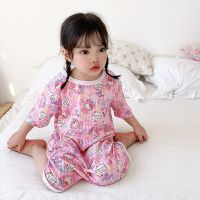 女童睡衣短袖七分夏季薄款连体睡裙防踢被婴儿宝宝儿童睡袋空调服 两用档粉色猫咪 L(120-130cm)