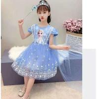 爱莎公主裙2021新款短袖夏装冰雪奇缘艾莎儿童连衣裙女童生日礼服 蓝色-爱莎公主裙 100 适合身高90厘米左右