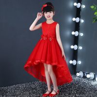 女童连衣裙秋装新款儿童白色婚纱蓬蓬裙宝宝生日礼服超洋气公主裙 红色拖尾[收藏送 皇冠] 110码