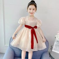 公主裙夏装2021新款儿童洋气生日洛丽塔连衣裙女宝宝裙子蓝蓬蓬裙 杏色短袖 系红色带子 120 cm