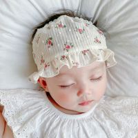 新生婴儿发带护囟门帽夏季薄款花边公主女宝宝胎帽护脑门空顶帽子 荷叶边淡黄碎花单层布 S码1-3个月头围35-38CM