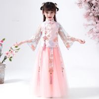 儿童汉服女春夏装女童古装裙子超仙中国风公主裙唐装童装樱花旗袍 纱袖粉色带礼品 100