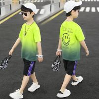 童装男童夏装短袖速干两件套装2021新款中大儿童休闲洋帅气韩版潮 荧光绿渐变两件套(短袖+裤子) 110