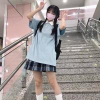 2021新款POLO翻领短袖T恤女夏季日系小清新刺绣ins半袖上衣服潮 蓝色 M