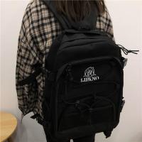 日系原宿风复古港风双肩包女CHIC学生书包 韩国INS机能工装背包潮 原宿风双背黑(无挂件)