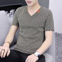 夏季男士t恤短袖v领打底衫潮流韩版薄款镂空半袖体恤大码男装衣服 领标卡其 M 80-100斤