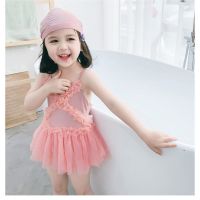 儿童泳衣女2021夏装新款童装女童连体小公主纱纱裙游泳衣宝宝泳装 粉色 希望 66