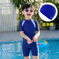 儿童泳衣女防晒女童连体短袖泳装男童泳裤潜水服中大童女孩游泳衣 818连体拼色款蓝色 L码(100-115cm)
