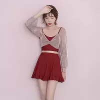 分体游泳衣女保守学生韩版显瘦遮肚小胸聚拢性感比基尼泡温泉泳装 8204 红色 S码【建议75-88斤】