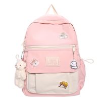 初中生书包女韩版原宿ulzzang高中学生背包森系大学生ins风双肩包 （防水+防盗+多隔层）少女粉 书包+三个胸针