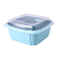 双层沥水篮厨房多功能洗菜盆带盖洗菜篮水果篮塑料家用果蔬保鲜盒 浅蓝色[一个装]