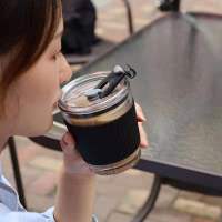 玻璃杯带盖水杯吸管杯高颜值杯子ins风咖啡杯便携随行杯大容量女 黑色350ML[杯+盖+套]直饮款