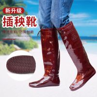 农田鞋男高筒下水鞋软底插秧靴女过膝雨鞋大码水靴捕鱼胶鞋防水鞋 45公分咖啡色 正规码号 44