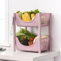 厨房置物架蔬菜收纳筐果蔬篮落地多层塑料收纳架菜篮菜筐菜架子 粉色二层(无滑轮) 加大号紫荆花款