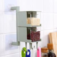 厨房免打孔佐料盒粘贴式壁挂组合架装调料盒子旋转式调味品收纳盒 升级款[北欧蓝带钩子] 两格[送勺子]