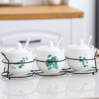 北欧植物陶瓷调味罐调料盒套装组合厨房用品家用调味瓶4件套装罐 尤加利叶+蓬莱叶+绿叶配铁架