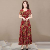 中老年妈妈装长款连衣裙2021夏季新款印花大摆裙显瘦气质过膝长裙 红色 (收藏店铺优先发出) M 建议85-105斤左右