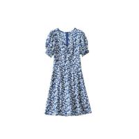 钟楚曦同款方领侧开叉茶歇法式连衣裙蓝色碎花雪纺度假桔梗长裙夏 蓝色[短款] [收藏关注优先发货] S 建议80-99斤左