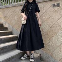 夏季日系POLO领抽绳收腰短袖连衣裙女学生韩版显瘦高腰黑色长裙子 黑色[侧边有口袋款.独此一家] S [70-95]