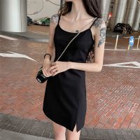 黑色吊带连衣裙女夏开叉修身显瘦外穿收腰短裙内搭打底吊带小黑裙 黑色[普通版肩带不可调节] S 90斤以下