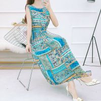 【棉绸面料】夏季新款连衣裙短袖修身显瘦海边度假仙女碎花印花裙 无袖复古蓝 M【建议80-100】