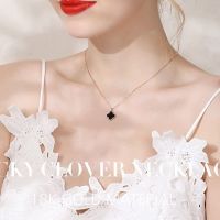 不褪色韩版黑陶瓷项链钛钢弹簧吊坠女锁骨链简约玫瑰金潮牌毛衣链 黑色四叶草（双面可带）+送手链 简易包装【送耳棒】