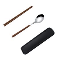 木质筷子勺子套装学生上班族餐具盒便携式筷子勺子叉子三件套 银色 勺+叉+盒