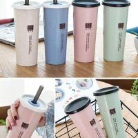 韩国创意小麦秸秆随手杯带吸管可爱男女咖啡杯简约塑料杯便携杯子 北欧粉1个送一个杯刷