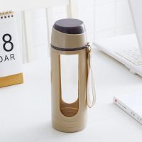 大容量玻璃水杯双层随手泡茶杯便携时尚男女创意防摔隔热学生杯子 500ml塑玻杯3021--奶咖色