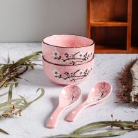 日式碗套装家庭组合碗家用陶瓷碗勺套装米饭碗吃饭碗小碗10个装 粉红色 2碗送2双筷子