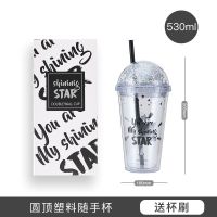 乐扣乐扣双层吸管杯大人韩版可爱少女杯子大容量塑料吸管水杯茶杯 星星杯银色530ML