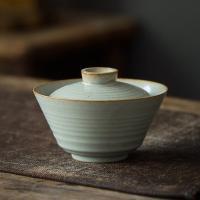 草木灰 陶瓷盖碗大号 复古手绘三才盖碗 敬茶碗 窑变功夫茶具茶杯 草木灰-(扁圆)盖碗