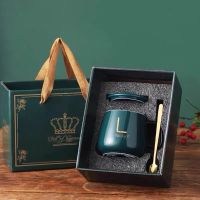 高颜值礼物马克杯带盖勺创意情侣咖啡杯简约家用办公水杯礼盒套装 翡翠绿单杯礼盒杯子+杯盖+勺子